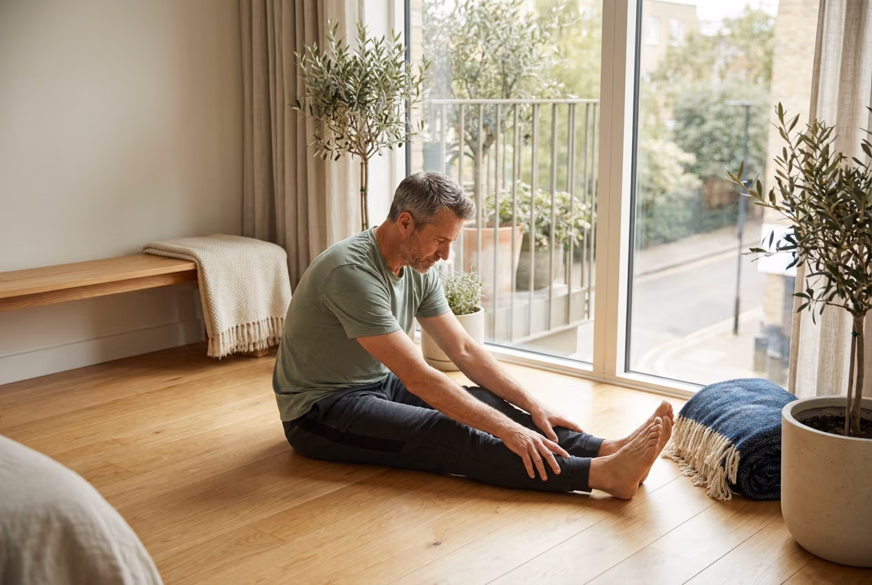 A person stretching calmly by a window in warm morning light.
